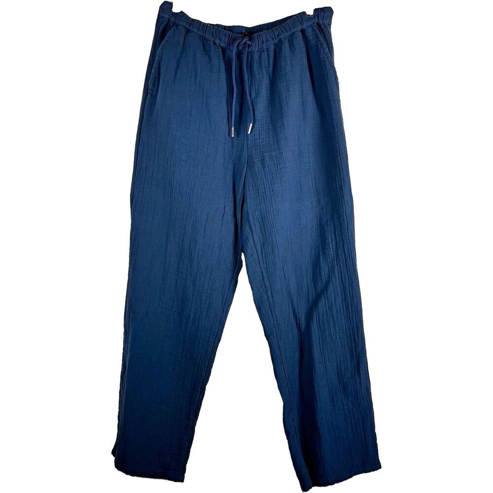 Quince Womens Organic Cotton Pants double gauze Blue Drawstring Pockets M